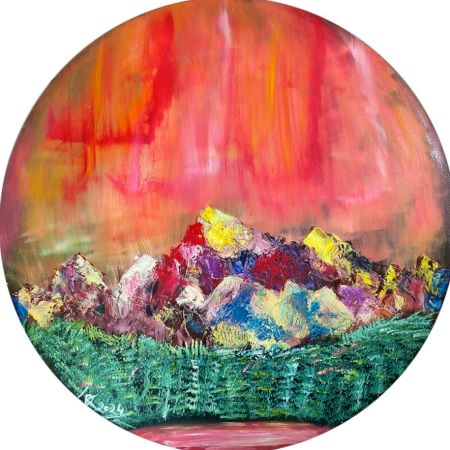 Radiant Peaks Oil Canvas Round Painting by Artist Debayan Kundu 32 Inches